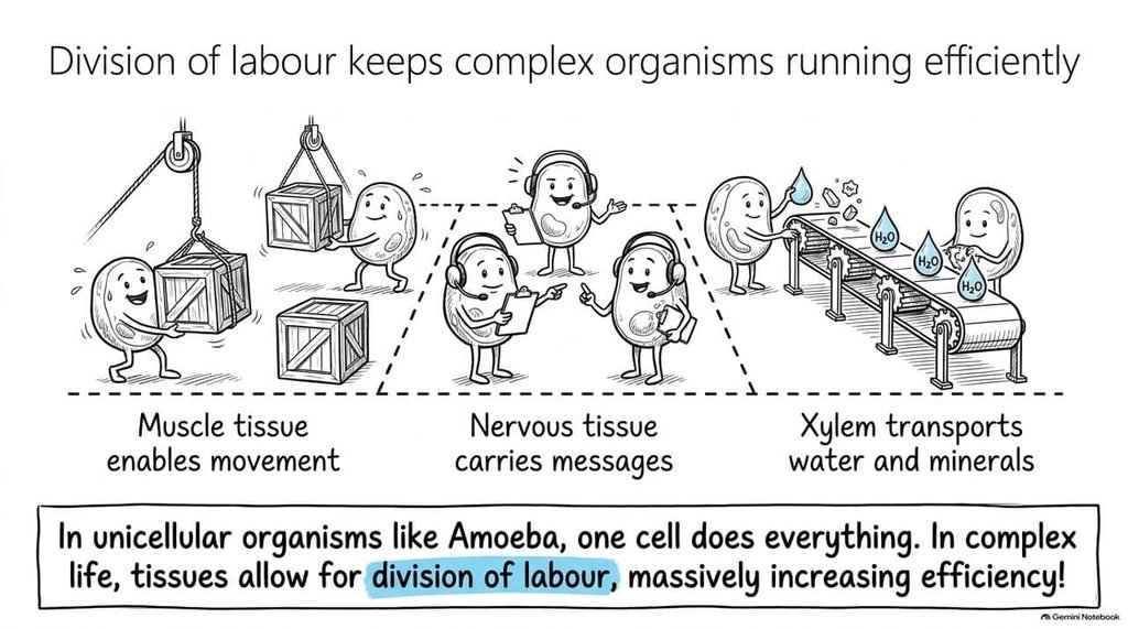 Division of labour keeps complex organisms running efficiently — muscle tissue, nervous tissue, and xylem each have a specific role