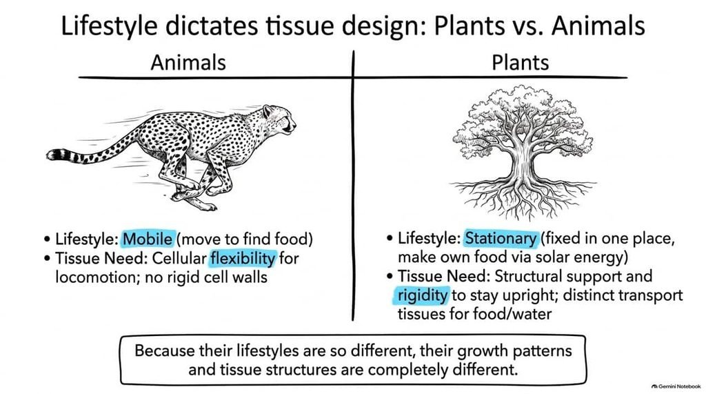 Lifestyle dictates tissue design — a mobile cheetah needs flexible tissue, a stationary tree needs rigid tissue