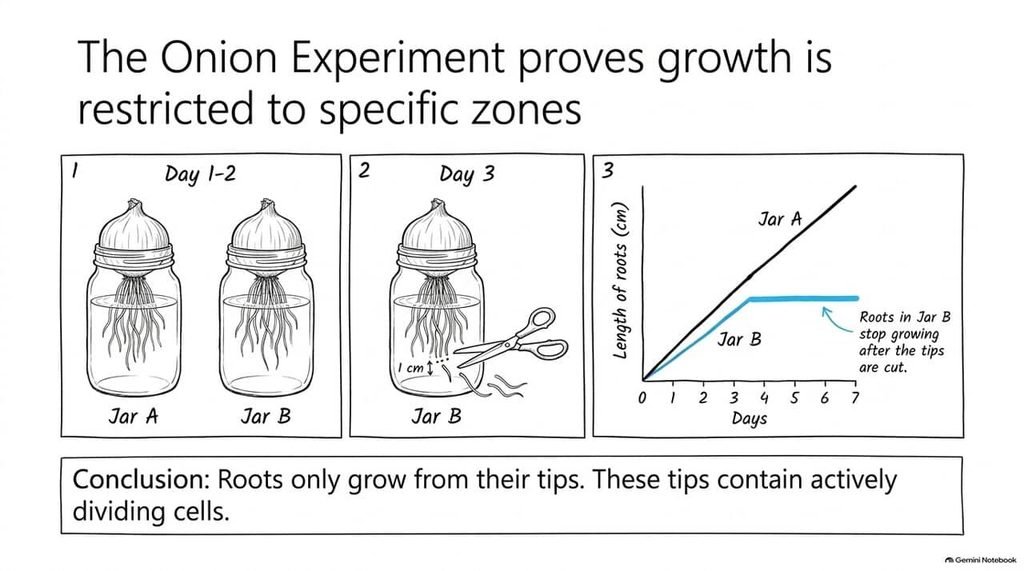 The Onion Experiment proves growth is restricted to specific zones — roots in Jar B stop growing after their tips are cut