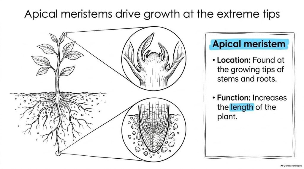 Apical meristems drive growth at the extreme tips of stems and roots