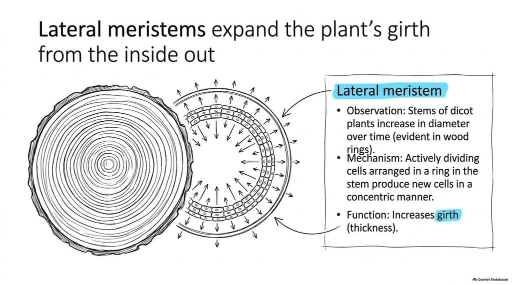 Lateral meristems expand the plant's girth from the inside out, visible as tree trunk rings