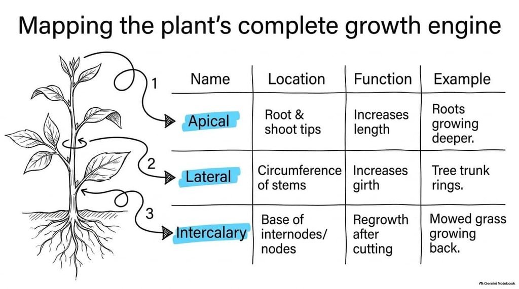 Mapping the plant's complete growth engine — apical, lateral, and intercalary meristems compared