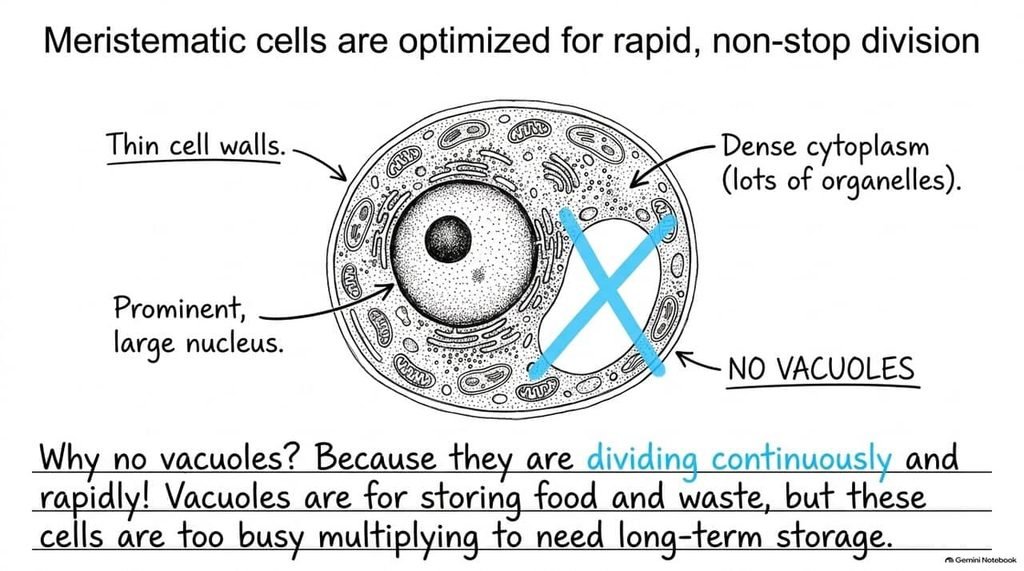 Meristematic cells are optimized for rapid, non-stop division — thin cell walls, large nucleus, dense cytoplasm, and no vacuoles