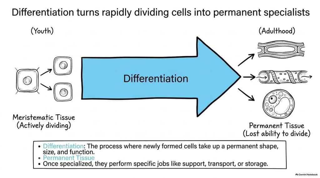 Differentiation turns rapidly dividing meristematic cells into permanent specialist tissue for support, transport, or storage