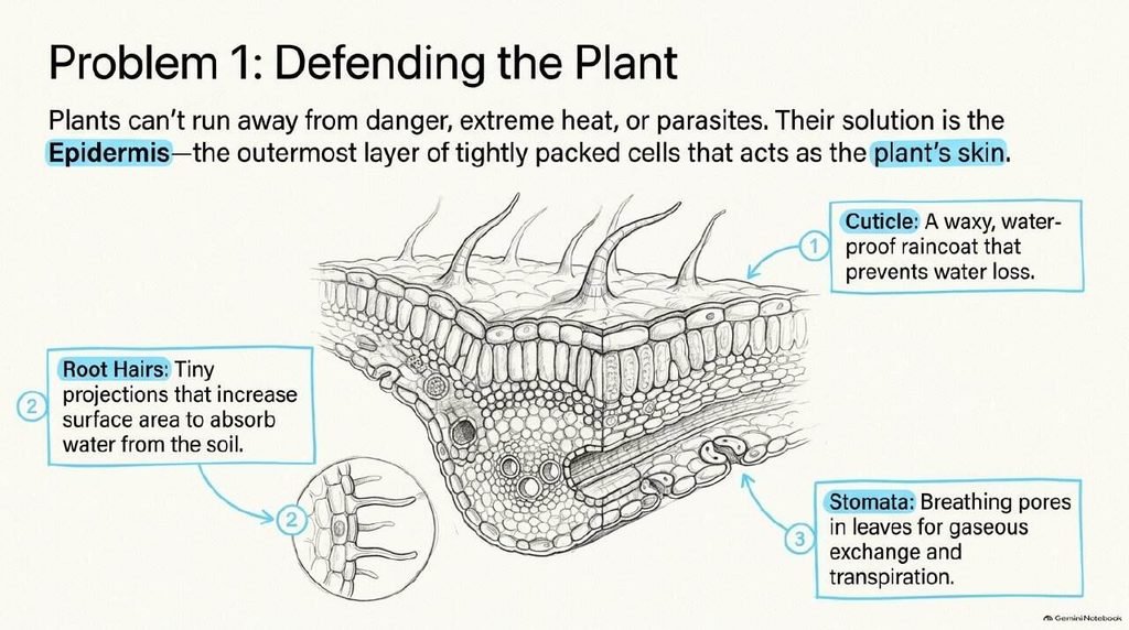 Epidermis with cuticle, root hairs and stomata