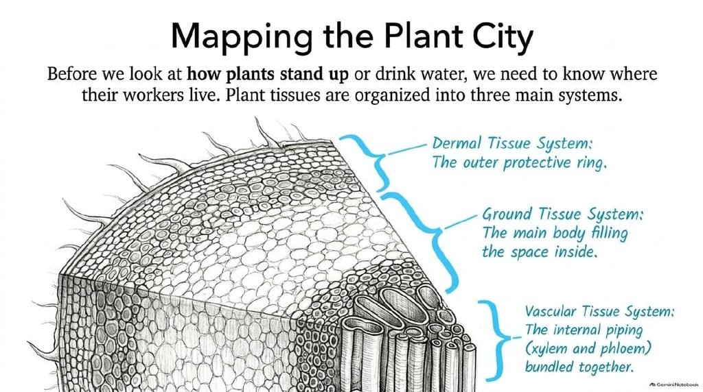 Dermal, ground and vascular tissue systems in a plant stem