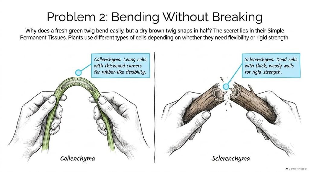 Bending green twig with collenchyma and snapping dry twig with sclerenchyma