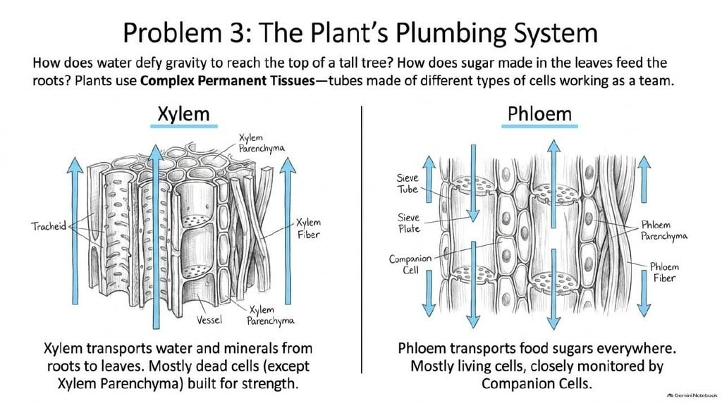 Xylem and phloem structure showing tracheid, vessel, sieve tube and companion cell