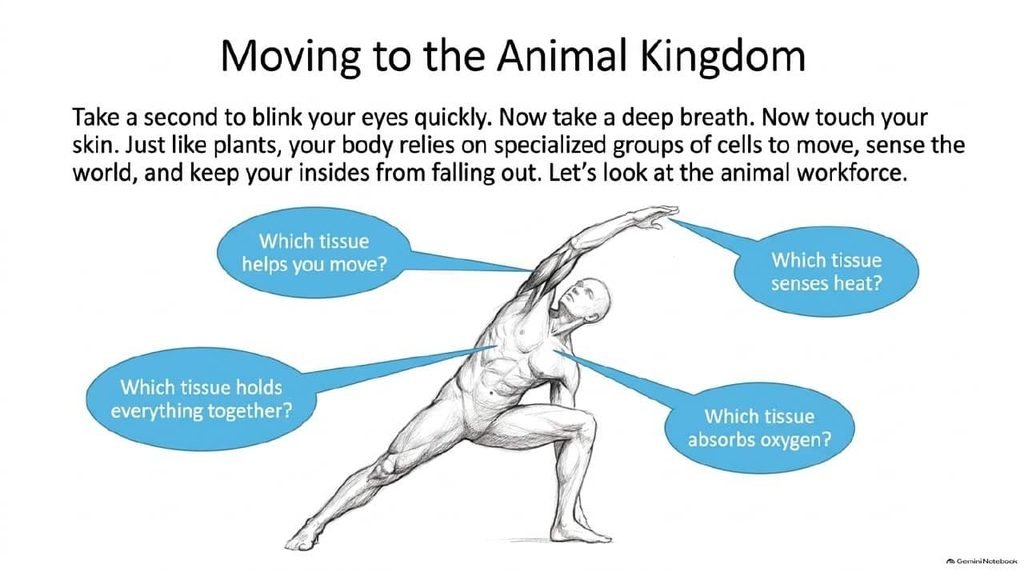 Human body showing questions about muscle, nervous, connective and epithelial tissue