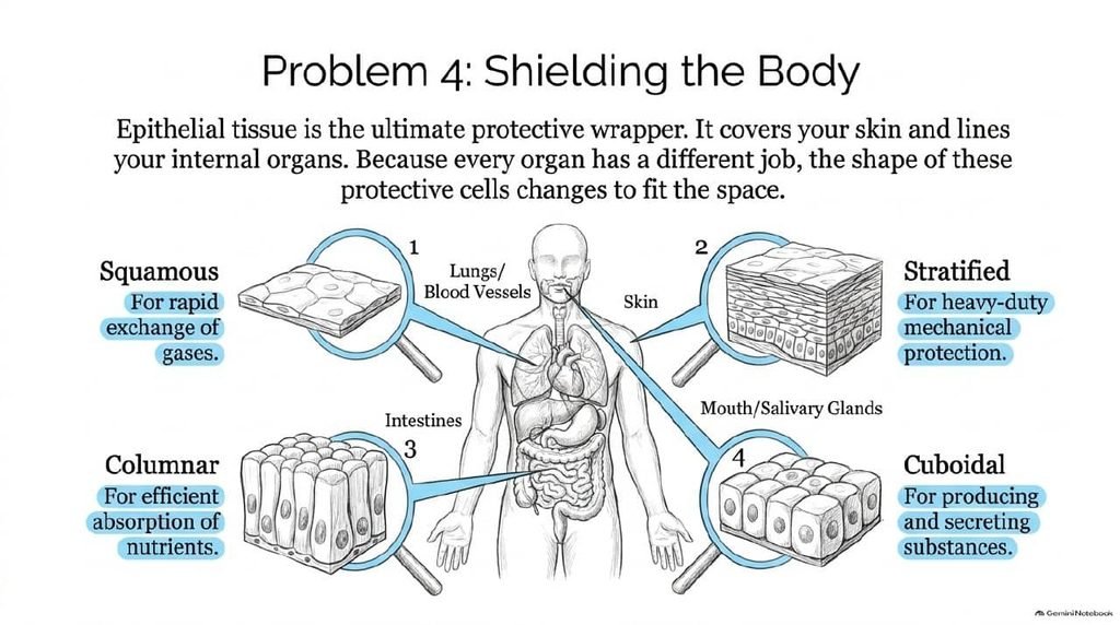 Squamous, stratified, columnar and cuboidal epithelial tissue in the human body