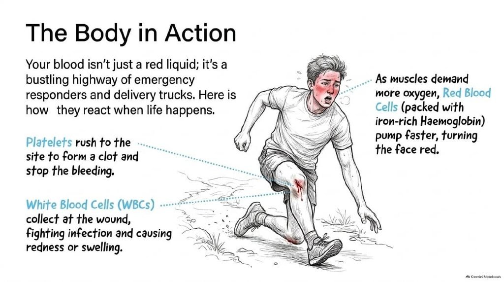 Runner with a scraped knee showing red blood cells, platelets and white blood cells in action