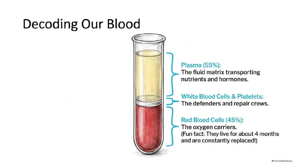 Blood in a test tube showing plasma, white blood cells, platelets and red blood cells