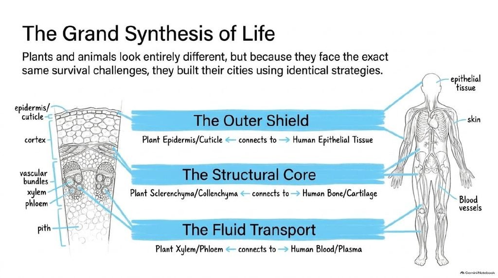 Comparison of plant and human tissues for protection, support and transport