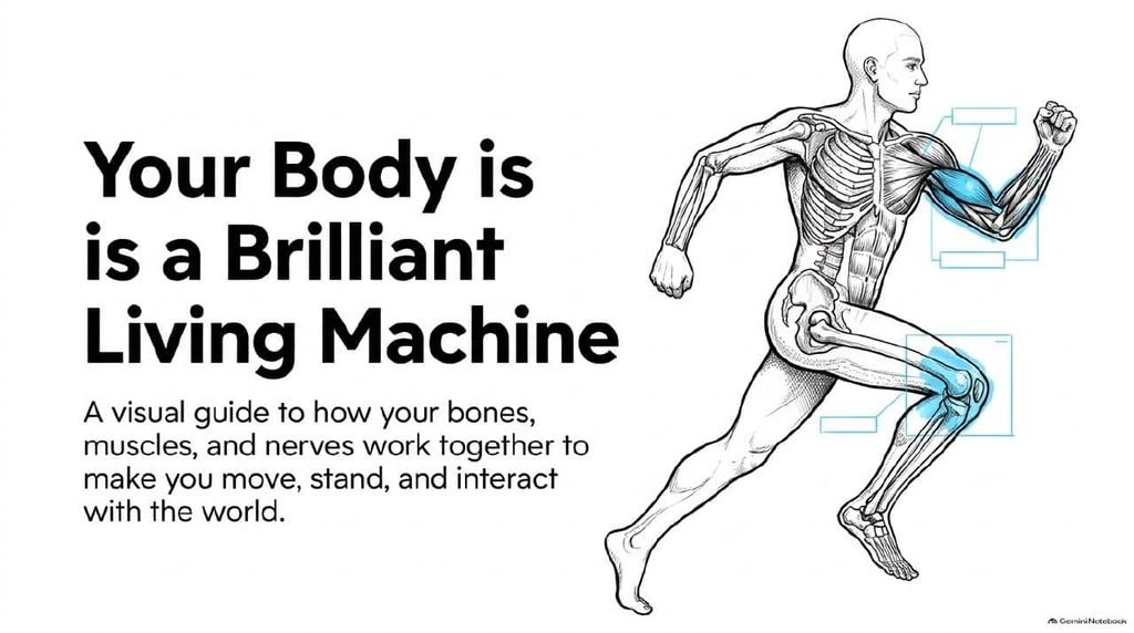 A running human figure showing the skeleton and highlighted muscles in the shoulder and knee