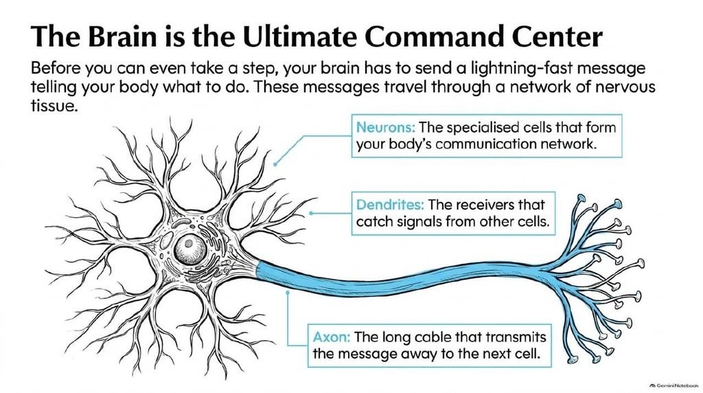 A neuron with dendrites and a long axon carrying a signal