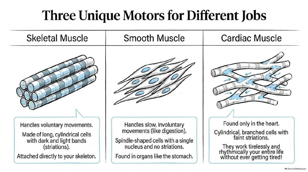 Skeletal muscle, smooth muscle and cardiac muscle cell structures compared