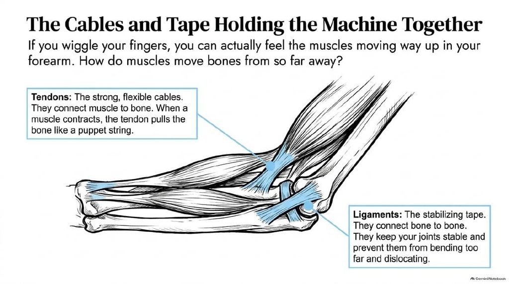 An elbow joint showing tendons connecting muscle to bone and ligaments connecting bone to bone