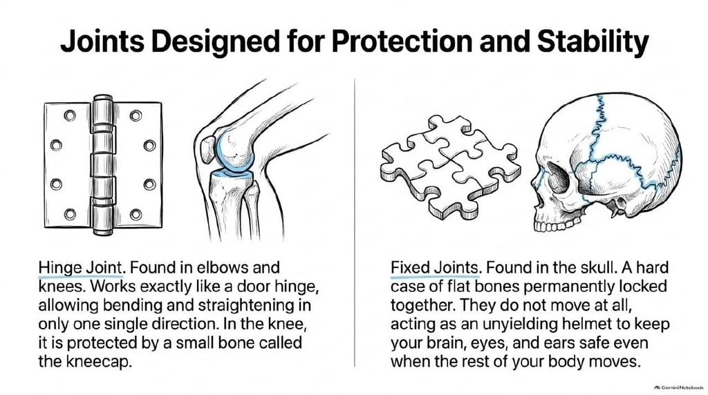 A hinge joint compared to a door hinge and a fixed joint compared to interlocking puzzle pieces in the skull