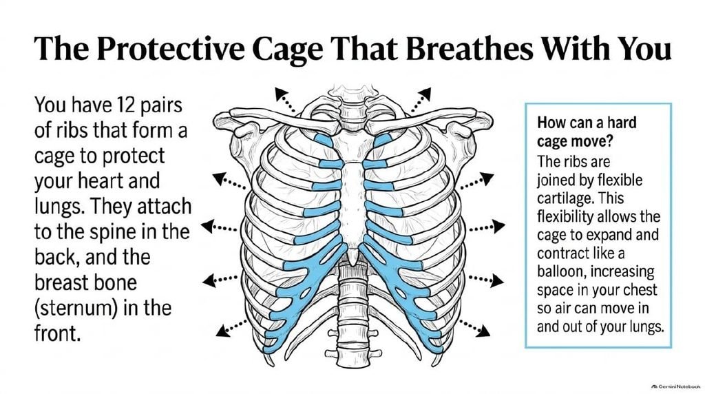 The rib cage with arrows showing it expanding outward to let air into the lungs